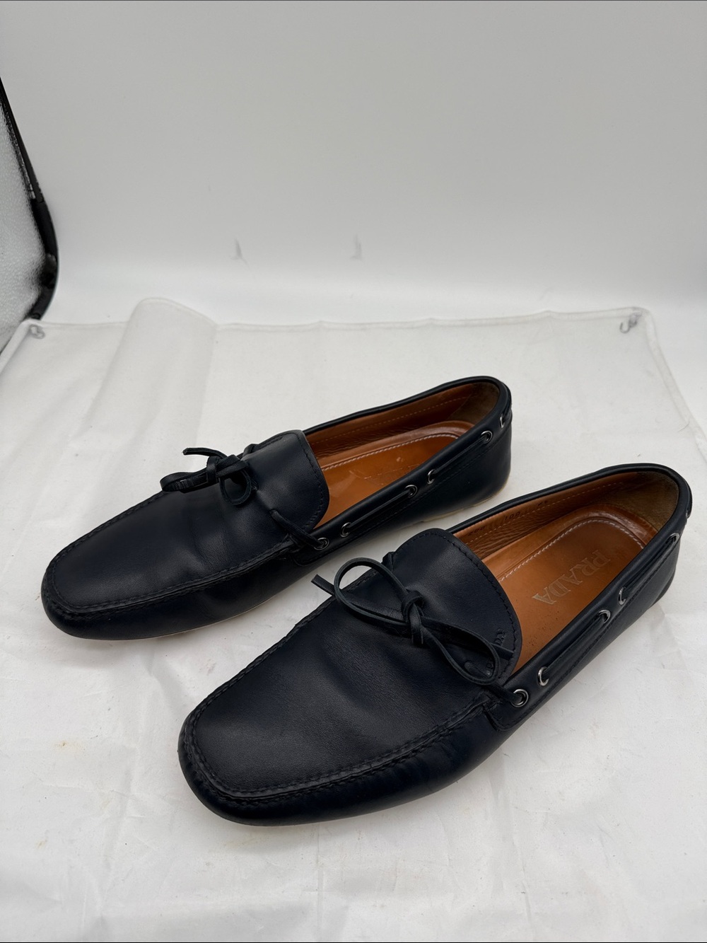Prada Navy Blue Leather Moccasin Loafers with Bow